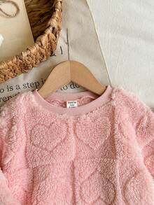 SHEIN Babygirl Cute Casual Pink Fluffy Heart Pattern Long Sleeve Sweatshirt And Pants Set - Multicolor - View 5