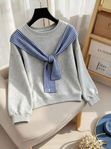 Franclia Plus Size Casual College Style 2 In 1 Plaid Patchwork Long Sleeve Crew Neck Loose Sweatshirt, Spring/Autumn - Light Grey - View 6