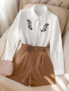 Franclia 复古休闲绣花领长袖纽扣衬衫 + 休闲卷边短裤女款两件套 - 藍白色 - 查看 8