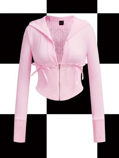 Y2Kool Maria Clara Maia Chaqueta con capucha de punto acanalado ajustada con cremallera, estilo streetwear casual con lazo de encaje en color rosa pastel Y2K, adecuada para fiestas, reuniones y uso diario en otoño/invierno