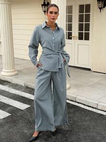 DAZY Bộ đồ denim giản dị 2 món cho nữ, áo sơ mi dài tay buộc dây bên hông và quần ống rộng, thích hợp cho đi nghỉ dưỡng và giải trí đô thị - Rửa nhẹ - Xem 5