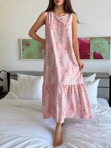 DAZY Floral Print Sleeveless Long Nightgown For Women Pajamas - Pink - View 3