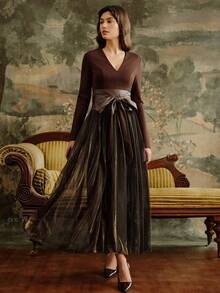 Anewsta Elegant Vintage Elegant V-Neck Long Sleeve Fitted Waist Belt Shiny Mesh Flared Dress For Women, Autumn/Winter - Brown - View 4