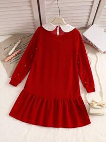 Kleine Mädchen Frühling/Herbst Rückkehr zur Schule Lässig Mode Neues rotes Strickkleid, rote Schleife 3D Akzent, weißer Peter-Pan-Kragen, perlenbesetztes Ärmeldesign, Waffelpatch-Saum, Langarmkleid, geeignet für Kleine Mädchen Rückkehr zur Schule, Alltag, Urlaub, Weihnachtsparty