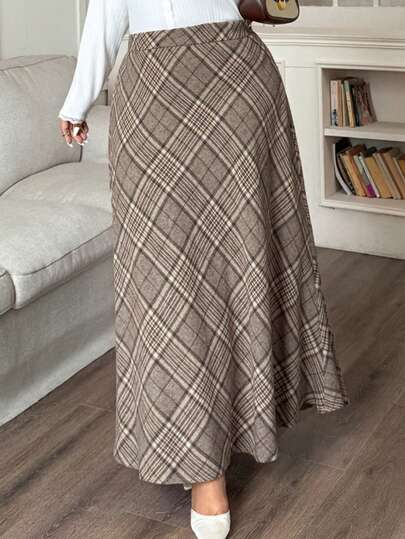 Dazy Plus Plus Size Women Elegant A-Line Plaid Skirt, Casual Commuter Wear For Spring & Autumn