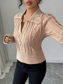 Rafferiza Women's Autumn Rhinestone Sequin Polo Sweater,Cable Knit Raglan Sleeve Pullover,Elegant Date Night Apricot Textured Metallic Sequin Top - Khaki - View 2