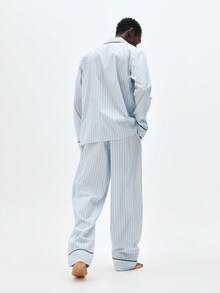 SUMWON 男士长袖纽扣条纹睡衣套装，家居服，棉混纺，经典舒适宽松版型 - 藍色 - 查看 7