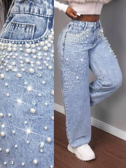 Slaydiva Women's Party Fashionable Commuter Rhinestone & Faux Pearl Decor Straight-Leg Jeans