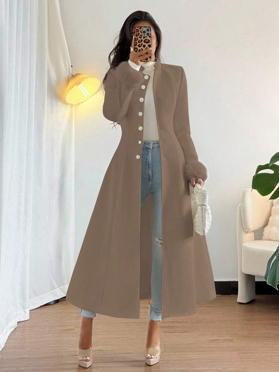 Chiquease 女士纯色单排扣仿毛皮袖口优雅大衣,秋冬款 - 卡其色 - 查看 1