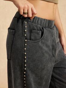 Easelle Black Knit Retro Stretch Waist Straight Loose Casual Women's Sports Pants Sweatpants With Studded Sides And Snowflake Pattern, Autumn And Winter Long Pants. - Black - View 3