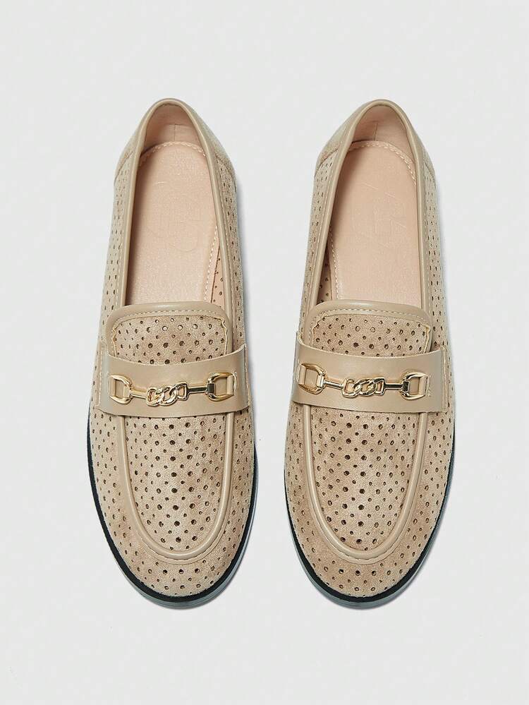 CUCCOO BIZCHIC Women's Apricot Suede Hollow Breathable Metal Buckle Comfortable Casual Loafers, Suitable For Outdoor, Shopping, Work, Daily Wear For Christmas