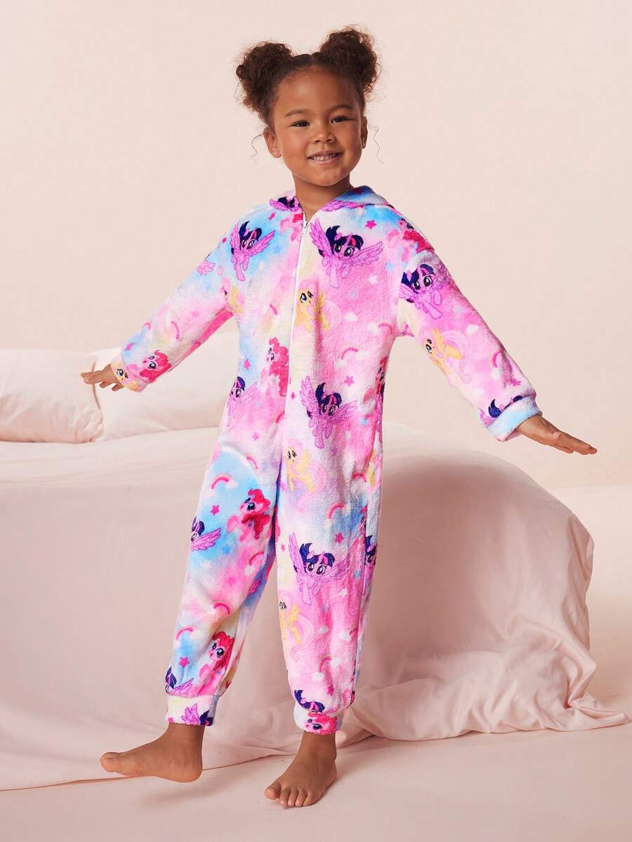 My Little Pony X SHEIN Bộ đồ ngủ liền thân vải nỉ dài tay có khóa kéo họa tiết hoạt hình nhuộm loang màu cho bé gái - Nhiều màu - Xem 1