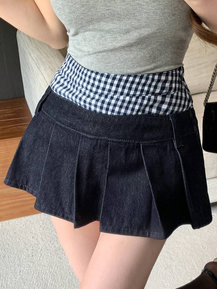 Women's Summer Plaid Patchwork Pleated Skirt, Casual Vacation Style Denim Mini Skirt Y2k