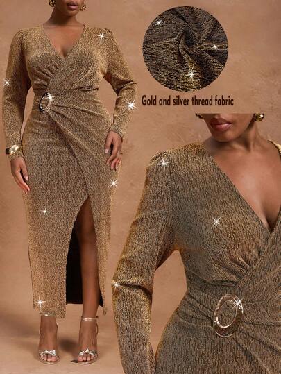 EMERY ROSE 大码女式针织条纹领带开衩连衣裙，优雅日常穿着