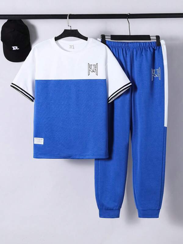 2pcs/Set Teenage Boys' Casual Contrast Color Patchwork Letter Print T-Shirt And Sports Pants Set