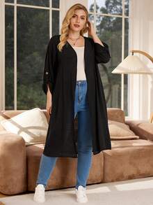 Rosumi Plus Size Women Black Color Roll Up Sleeve Casual Long Jacket Holiday Outfits Boho,Autumn,Fall Women's Clothes,Fall Clothes,Country Concert Clothing Outfits,Fall Women Clothes Winter