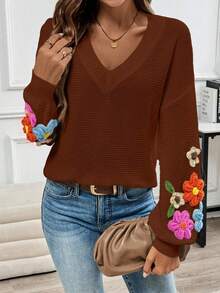 EMERY ROSE Women's Casual V-Neck Crochet Lantern Sleeve Pullover Sweater - Rust Brown - View 3
