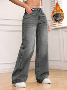 SHEIN PETITE Pantalones vaqueros de pierna ancha de unicolor con forro térmico, bolsillos y versátiles, para otoño/invierno - Gris - Ver 3