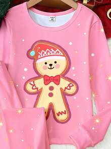 2 件套女孩可爱优雅圣诞姜饼图案针织圆领长袖上衣和紧身裤睡衣套装，舒适有弹性 - 粉色 - 查看 5
