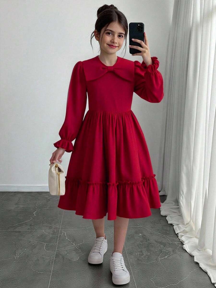 Gaun Elegan Lengan Panjang Berlipit dengan Hiasan Ruffle Patchwork Corduroy untuk Remaja Perempuan, Kasual dan Chic, Cocok untuk Musim Gugur/Dingin - Merah - View 1