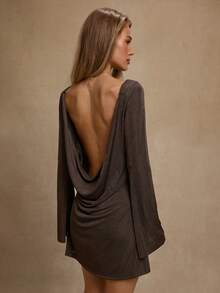 SHEIN BAE Braunes langärmliges rückenfreies sexy elegantes Minikleid für Frauen, geeignet für Abschlusspartys, formelle Anlässe, Cocktailpartys, romantische Dates, Herbst-/Winterunterkleider, Partys, Nachtclubs, formelle Zusammenkünfte, Brautjungfernkleider, Nachtausgänge, Halloween-Kleider, Weihnachtskleider - Braun - Übersicht 3