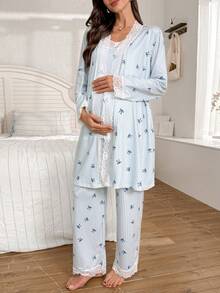 Moonlight&Mama 3pcs Striped Bow Print Contrast Lace Maternity Pajama Set, Winter