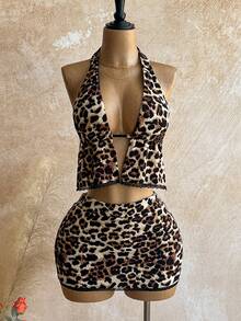 Soleia Casual Vacation Western Beach Wedding Guest Attire, Graduation Brunch, St. Patrick's Day Spring Break, Easter Music Festival, Elegant Boho Tropical Leopard Print Halter Neck Crop Top And Mini Skirt 2-Piece Set, Spring/Summer - Brown - View 3