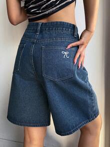 DAZY Women's Bow Embroidered Denim Shorts - Medium Wash - View 3