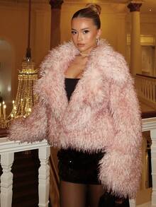 SHEIN Glamour 时尚派对粉色人造毛皮饰边夹克