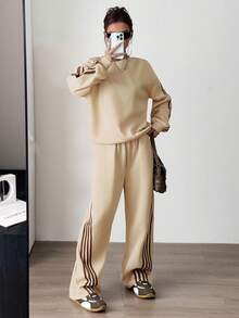 Aidyla 2pcs Set Contrast Color Striped Fleece Hoodie Sweatshirt, Fashionable Street Style - Apricot - View 6