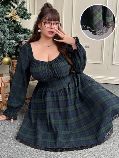 CovetEZ Plus Size Women's Long Sleeve Christmas Plaid Blue-Green Checkered Dress/Winter