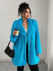 SHEIN Áo khoác lông nhân tạo cỡ lớn cho nữ - Màu xanh ngọc - Xem 3