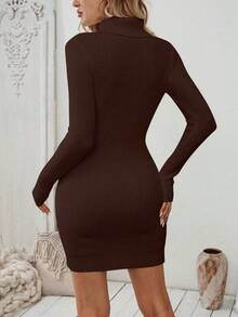 SHEIN Clasi 新款欧美风休闲时尚舒适修身针织女式套头毛衣裙，加厚保暖内衬，秋冬款 - 棕色 - 查看 2