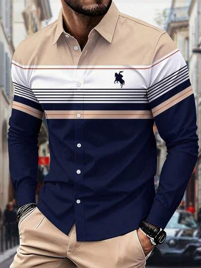 Manfinity Homme Men's Casual Contrast Color Striped Front Button Long Sleeve Shirt Christmas Men Shirt Christmas Clothes Winter Men Clothes Long Sleeve Men Shirt Father Gifts