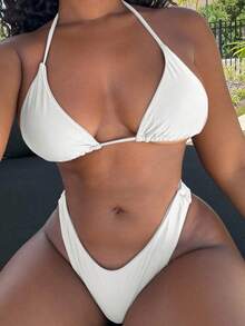 Alexandranx Bộ bikini dây buộc cổ màu trơn dành cho nữ Bộ bikini gợi cảm đi biển mùa hè - trắng - Xem 3