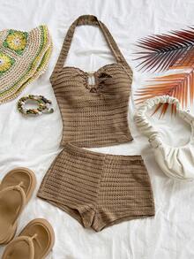 Soleia 秋冬度假两件套：纹理卡其色无袖上衣，金属项链细节和休闲短裤，适合日常穿着、度假、海滩 - 卡其色 - 查看 5