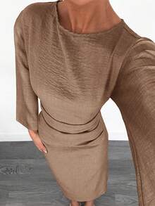 Siren Gaze 女士纯色简约长袖连衣裙，日常穿着 - 卡其色 - 查看 5