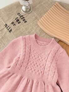 SHEIN 女婴可爱简约蓝色长袖毛衣连衣裙，秋冬季 - 粉色 - 查看 5