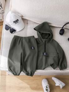 2 件男婴灰色秋季装饰针织连帽套头衫和松紧腰裤套装，休闲运动百搭服装，适合户外和室内穿着