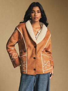 Poéselle Boho Sherpa Lined Embroidered Jacket For Women - Vintage Western Fleece Coat, Boho Embroidered Faux Shearling Jacket For Women - Cozy Sherpa Lined Western Coat, Warm Button Down Outerwear,Oversized Button Down Outerwear, Fall Winter Must-Have,Vintage Embroidered Fleece Jacket, Autumn/Winter - Brown - View 3