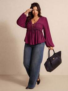 Elaquor 大码优雅简约荷叶边V领修身女式衬衫，四季皆宜 - 酒紅色 - 查看 1