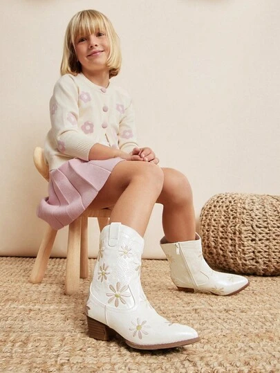 Mini mi Botas de Cowgirl Ocidentais Detalhadas com Brilho e Margarida para Crianças Pequenas - Lúdicas, Confortáveis, Fofinhas e Estilosas