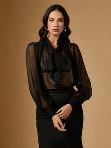 Briarwyn 女士时尚性感透明网眼系带衬衫 - 黑色 - 查看 8