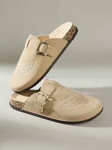 Solecia 纯色刺绣，金属扣装饰，按扣闭合，厚底舒适，软木底，厚底凉鞋，适合户外、通勤、休闲、日常穿着 - 卡其色 - 查看 6