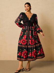 Travachic Váy dự tiệc tay dài họa tiết hoa Bohemian lãng mạn cỡ lớn phối ren chắp vá cho nữ, mùa thu/đông - màu đen - Xem 5