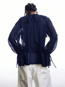 LYSMO Áo cánh tay loe bèo nhún màu trơn thanh lịch dành cho nữ - Màu xanh hải quân - Xem 3