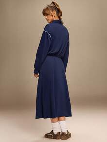 Qadelle Gaun Kasual Lengan Panjang dengan Blok Warna dan Penutup Resleting, Cocok untuk Olahraga, di Rumah, dan Aktivitas Luar Ruangan - Navy Blue - View 2