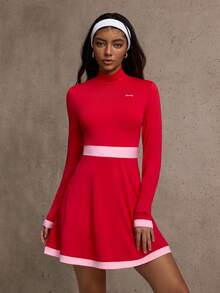 Dewbera Women's Contrast Color Minimalist High Neck Long Sleeve Casual Sports Dress