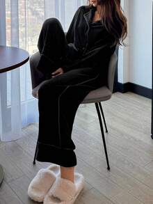 DAZY Women's Plush Contrast Trim Design Fluffy Cozy Pajama Set, Winter - Black - View 4