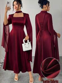 Elenzga Váy thắt eo bằng vải satin và chiffon cao cấp mới thanh lịch, cỡ lớn - Màu Đỏ Sâu - Xem 1